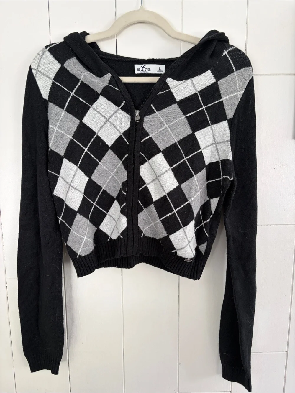 Hollister Black & Gray Argyle Zip-Up Hoodie Cardigan